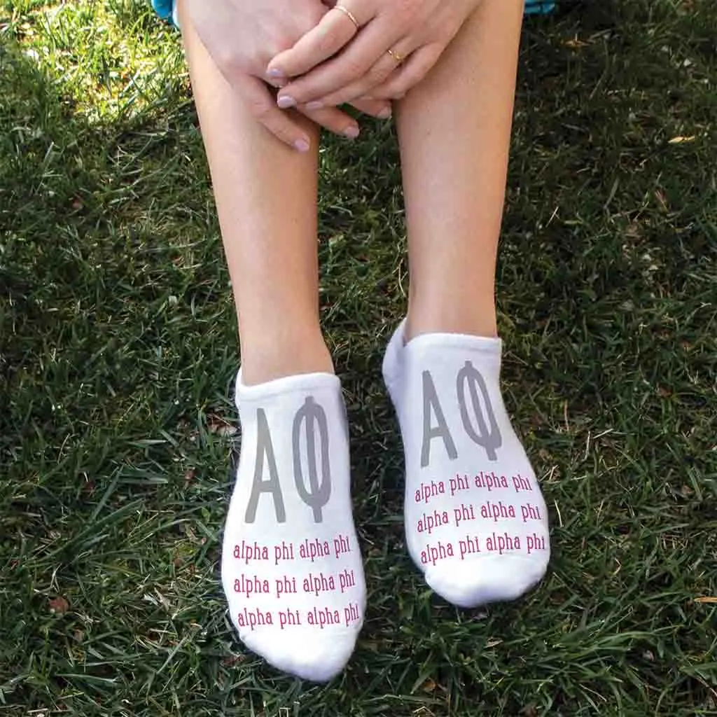 Alpha Phi Sorority Socks with Large Greek Letters, Printed on No Show Socks