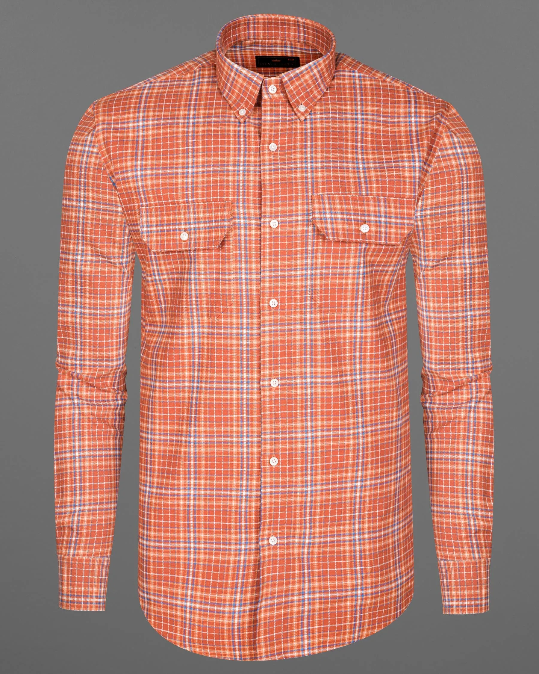 Atomic Tangerine and White Plaid Twill Premium Cotton Overshirt/Shacket