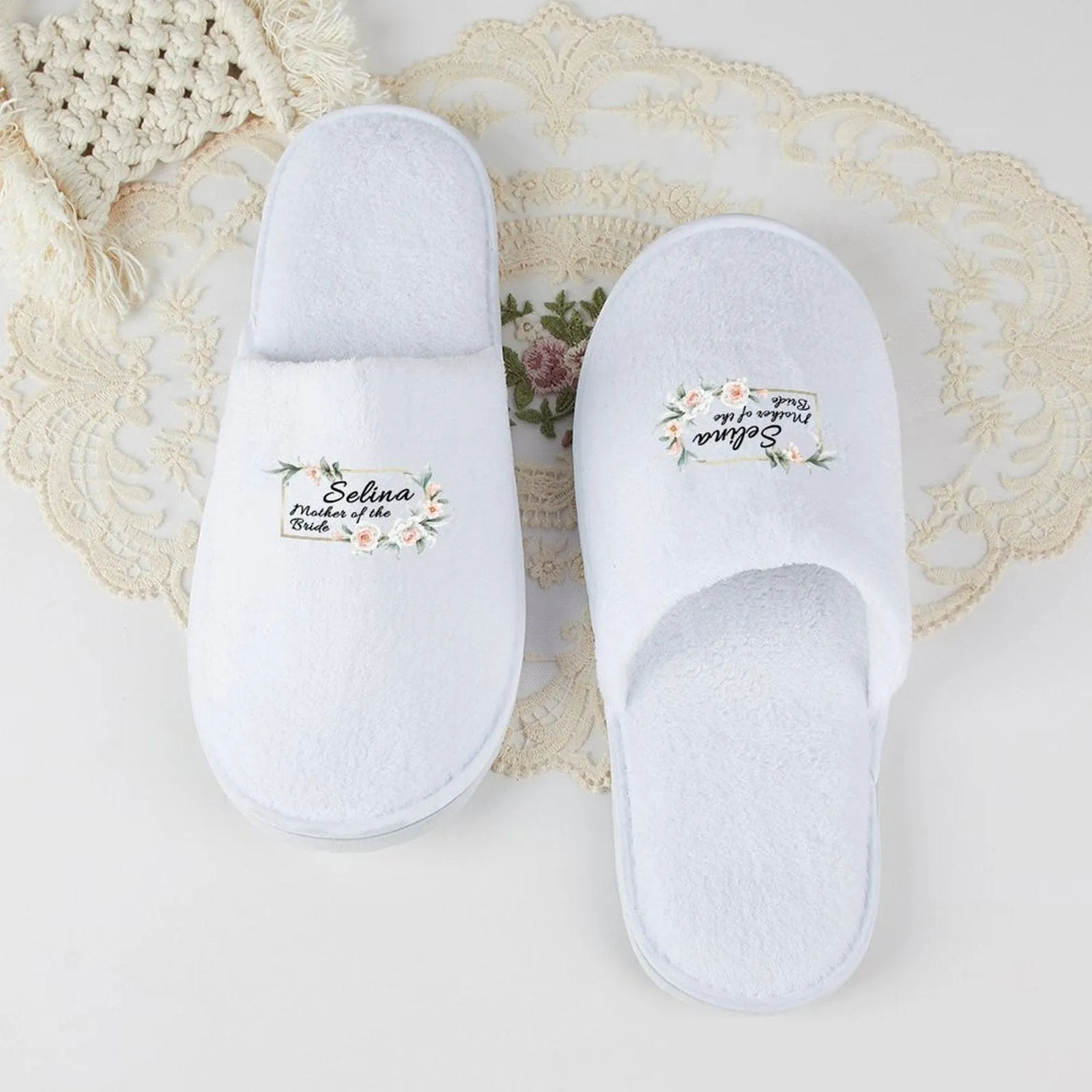 Custom Text Wreath Bridesmaids Wedding Spa Slippers Bride Slippers