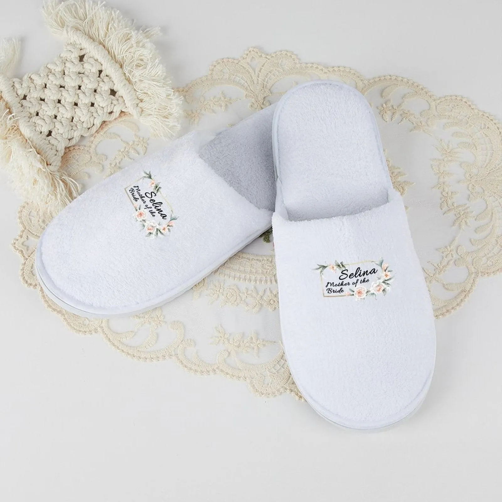 Custom Text Wreath Bridesmaids Wedding Spa Slippers Bride Slippers