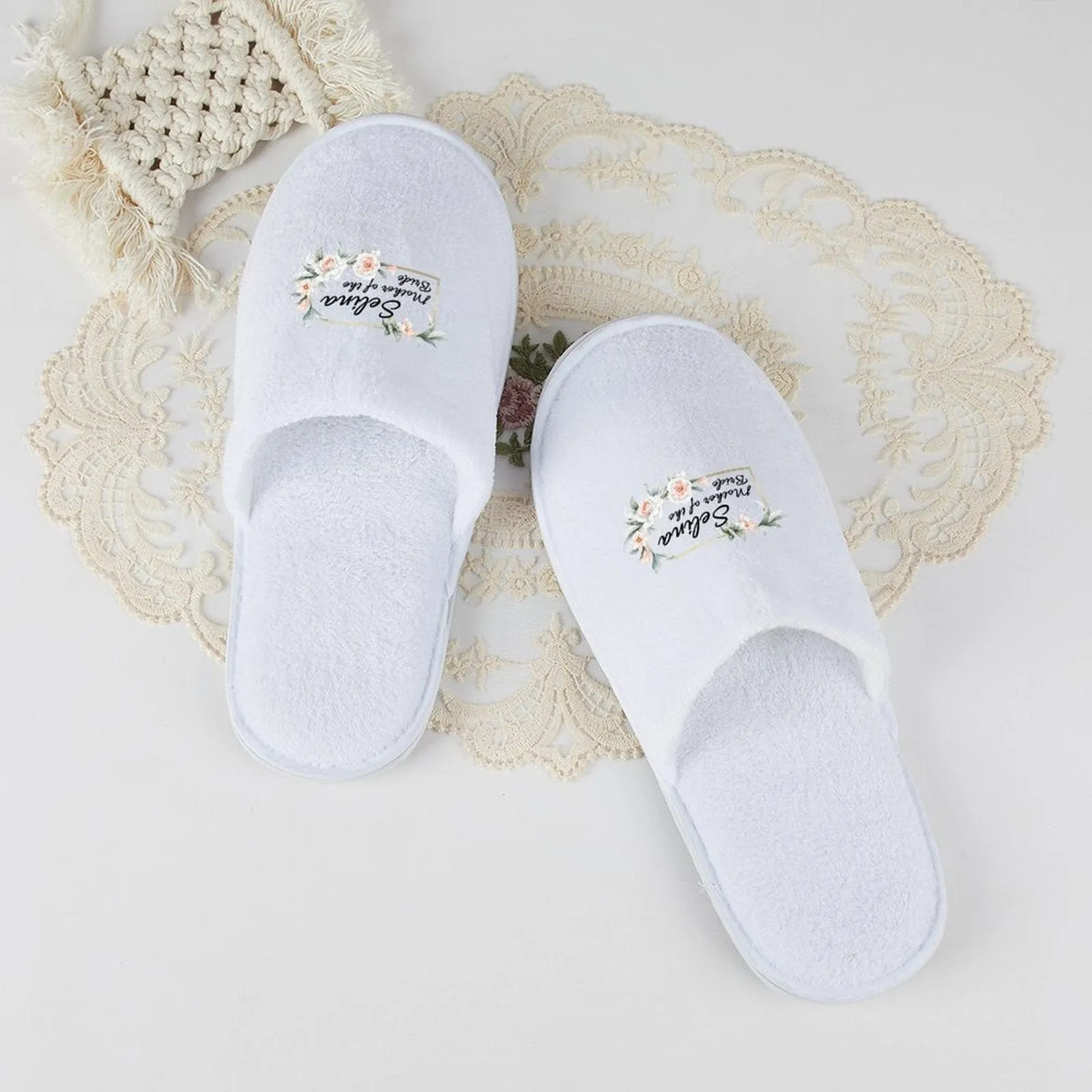 Custom Text Wreath Bridesmaids Wedding Spa Slippers Bride Slippers