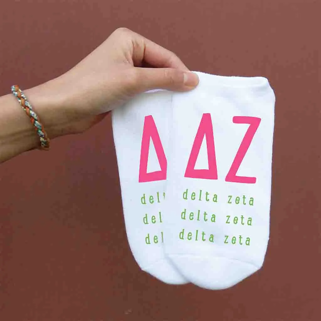 Delta Zeta Sorority Socks with Large Greek Letters, Printed on No Show Socks