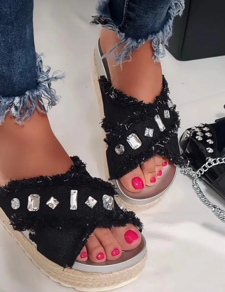 Espadrillas Donna Sandalo Denim Strass Gomma Casual Frange