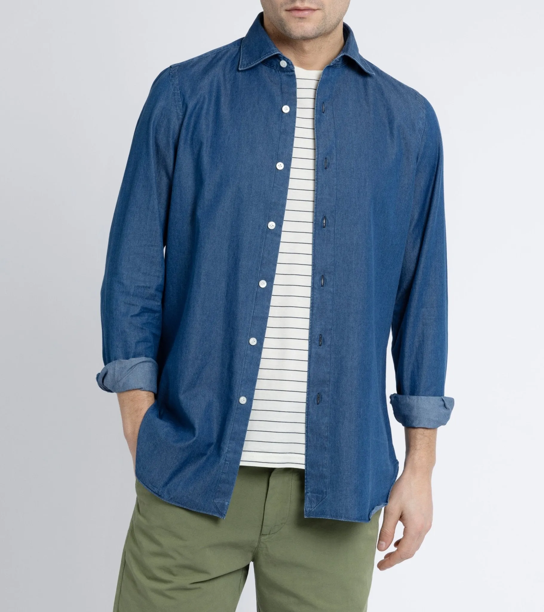 Finamore Gaeta Washed Denim Luigi Sport Shirt: Light Blue