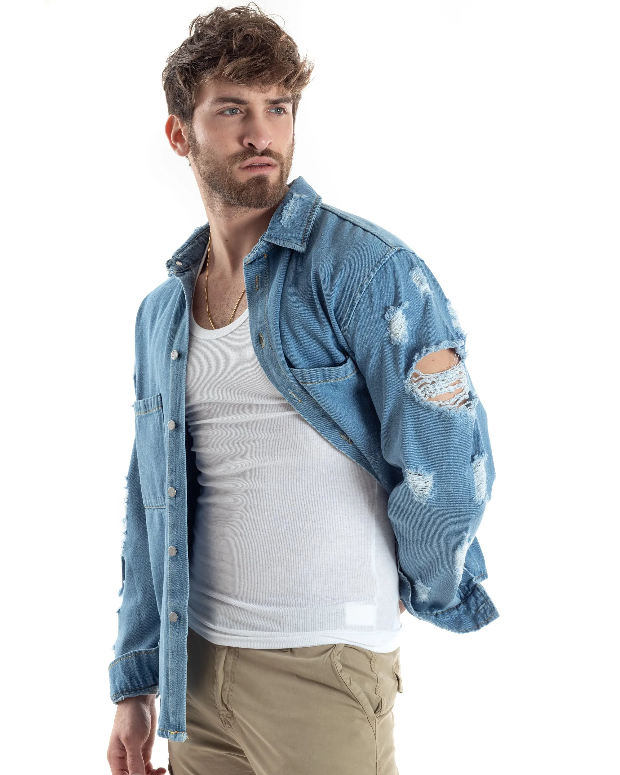 Giubbotto Jeans Uomo Camicione Con Colletto Giacca Con Rotture Denim GIOSAL-G3173A