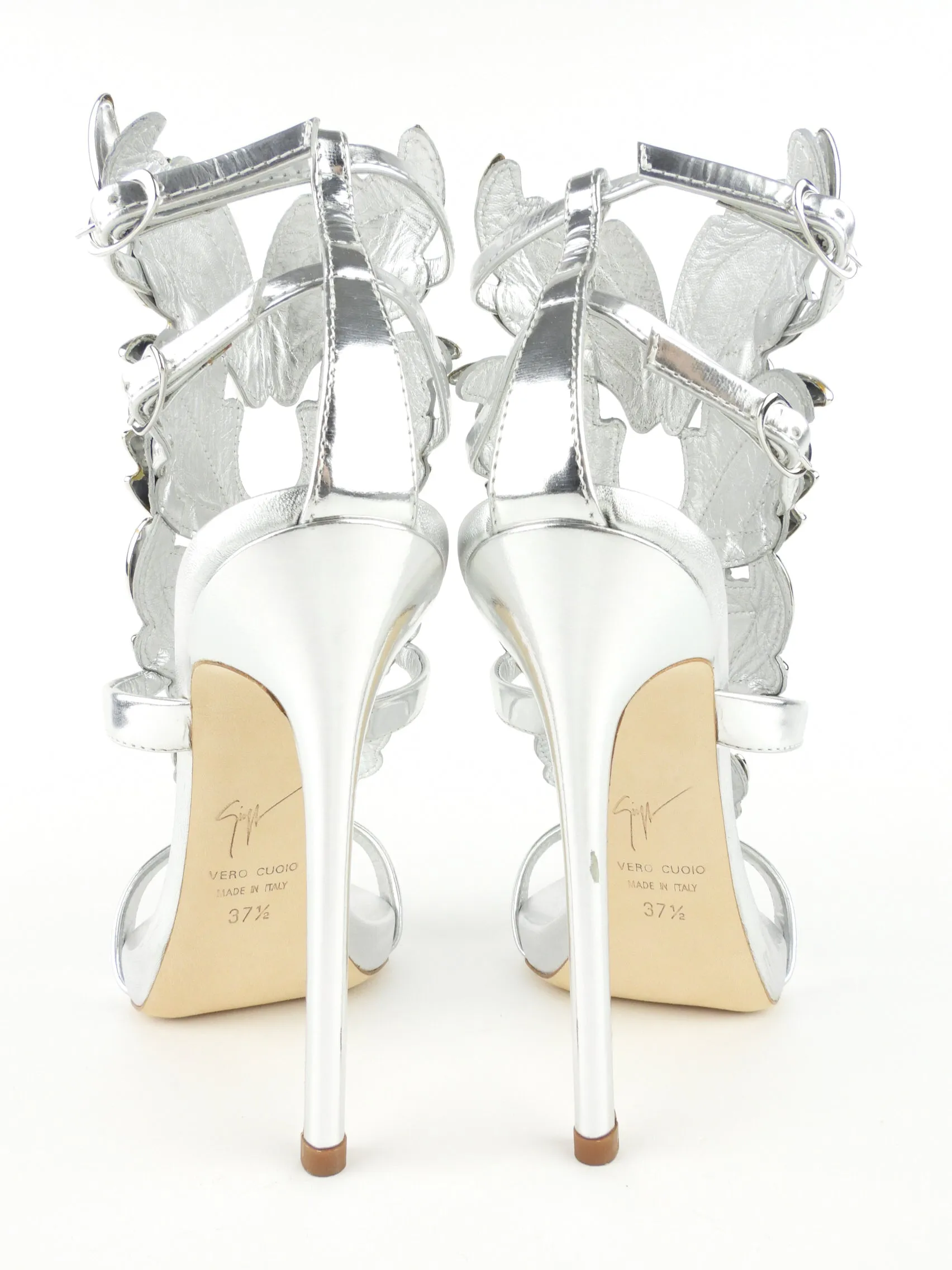 Giuseppe Zanotti SIlver Metallic Winged Coline Stiletto Heel Platform Sandal - 37.5