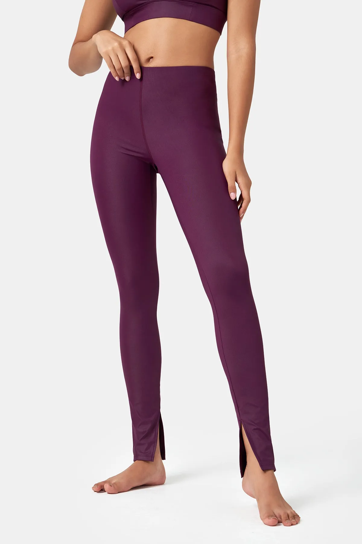 Glossy High-Waisted Slit Full-Length Leggings