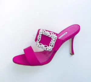 Manolo Blahnik Gable Fuchsia Satin Rhinestone Buckle Slides Sandals sale Heels