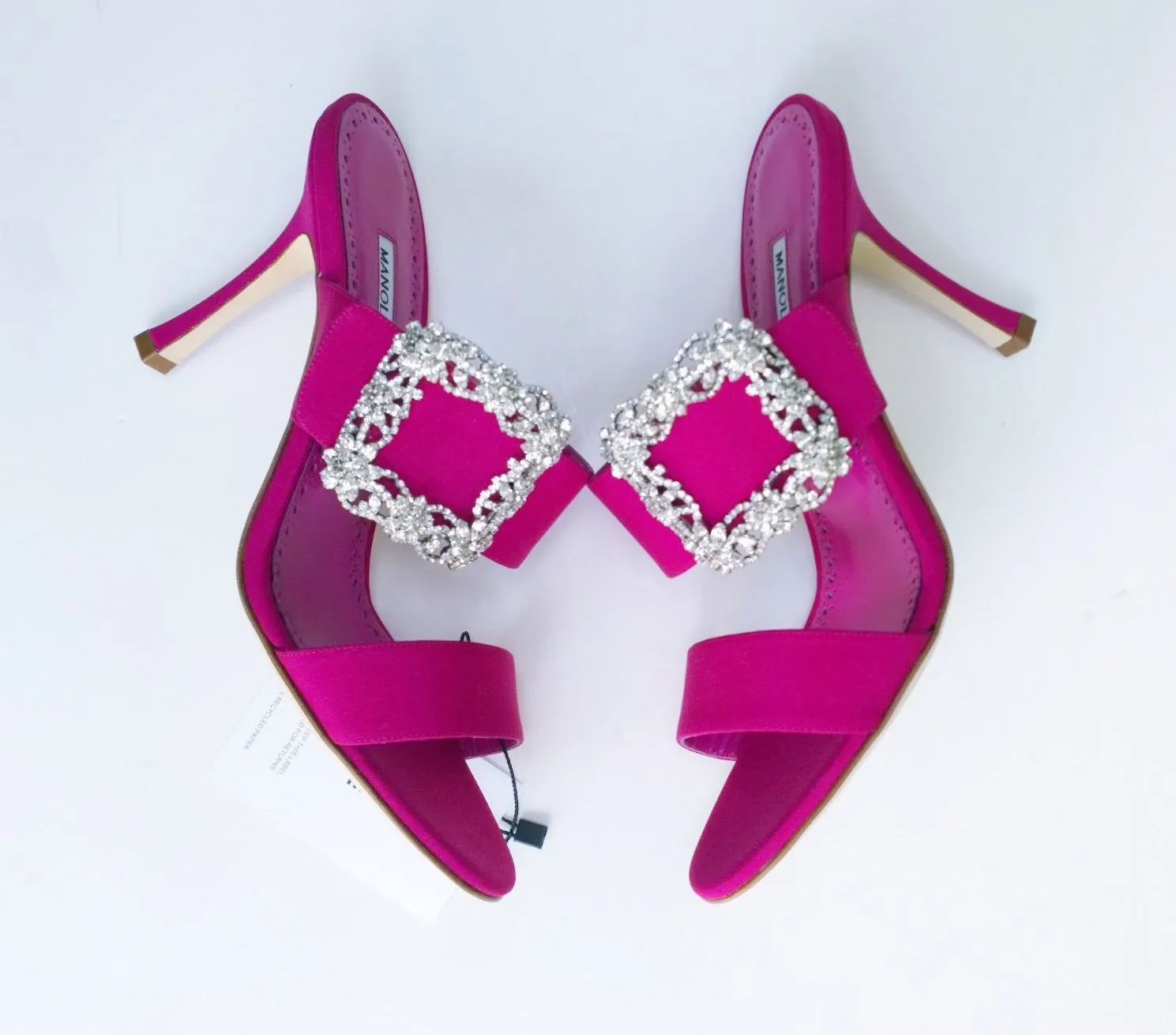 Manolo Blahnik Gable Fuchsia Satin Rhinestone Buckle Slides Sandals sale Heels