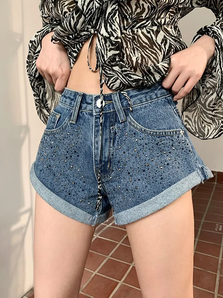 Shorts Donna Jeans Bottone Cerniera Tasche Strass Monocolore Casual Comodo